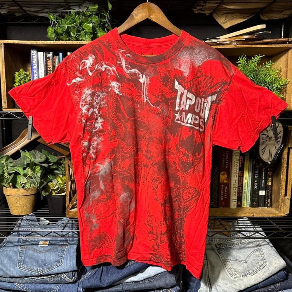 Vintage Y2K Tapout AOP Skull Monster Smoke Tee Shirt Mens XL Red Grunge Skater